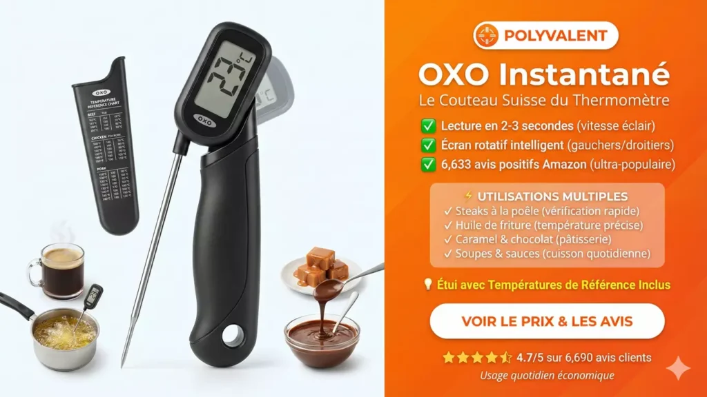 Thermomètre instantané OXO noir lecture 2 secondes écran LCD rotatif sonde acier inoxydable étui températures référence polyvalent cuisine