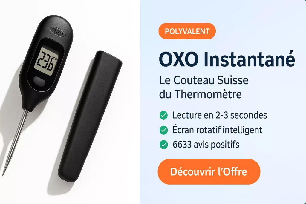 Thermomètre de cuisine OXO Instantané noir avec écran rotatif et lecture rapide en 2 à 3 secondes, présenté avec son étui.