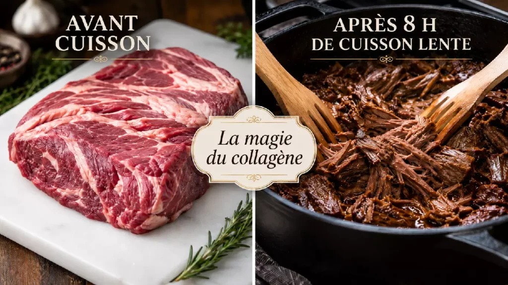 Paleron de bœuf cru et dur à gauche, effiloché fondant après huit heures de cuisson lente à droite