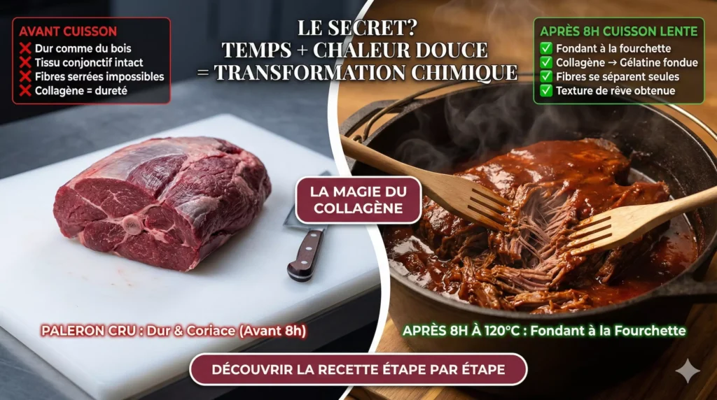 Transformation avant après paleron bœuf cru dur tissus versus effiloché cuit 8h fondant fourchettes bois collagène gélatine magie cuisson lente