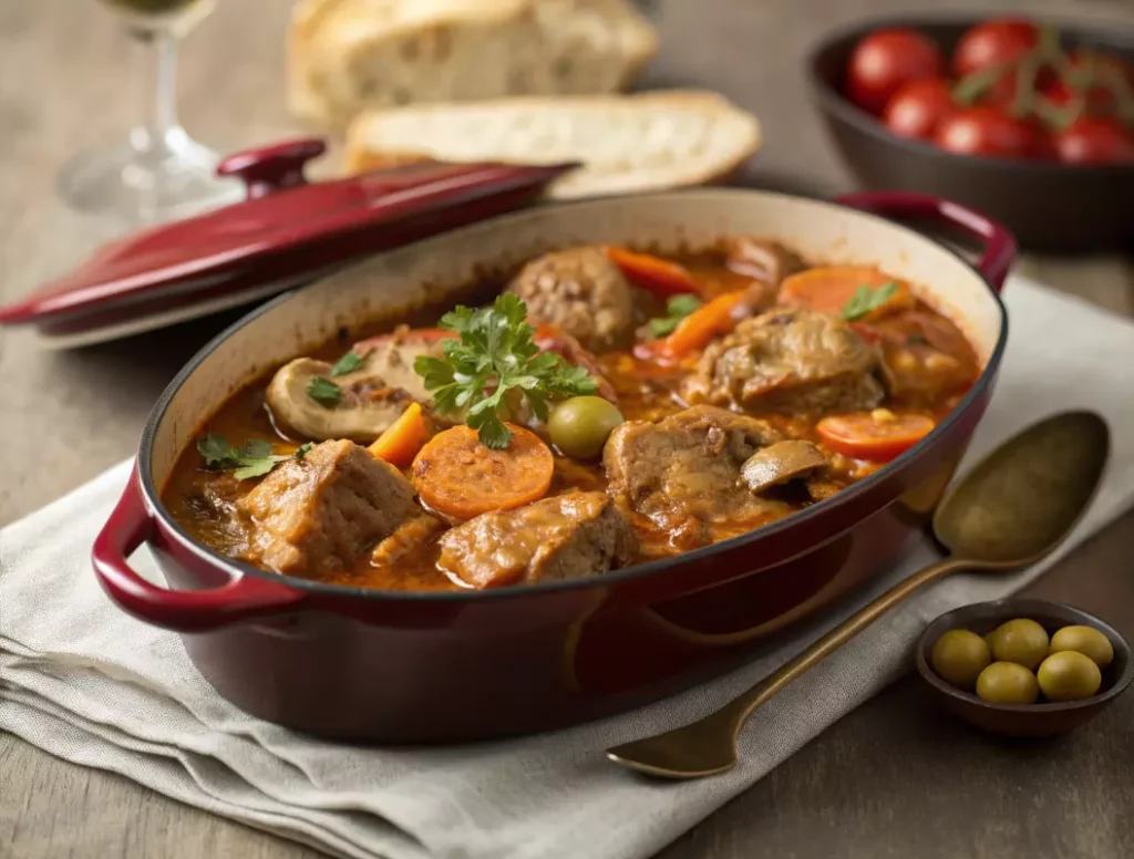Plat de veau marengo traditionnel servi dans une cocotte en fonte, avec sauce tomate et champignons