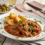 Assiette de veau marengo traditionnel servi avec pommes de terre vapeur et persil frais
