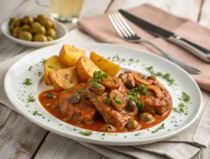 Assiette de veau marengo traditionnel servi avec pommes de terre vapeur et persil frais