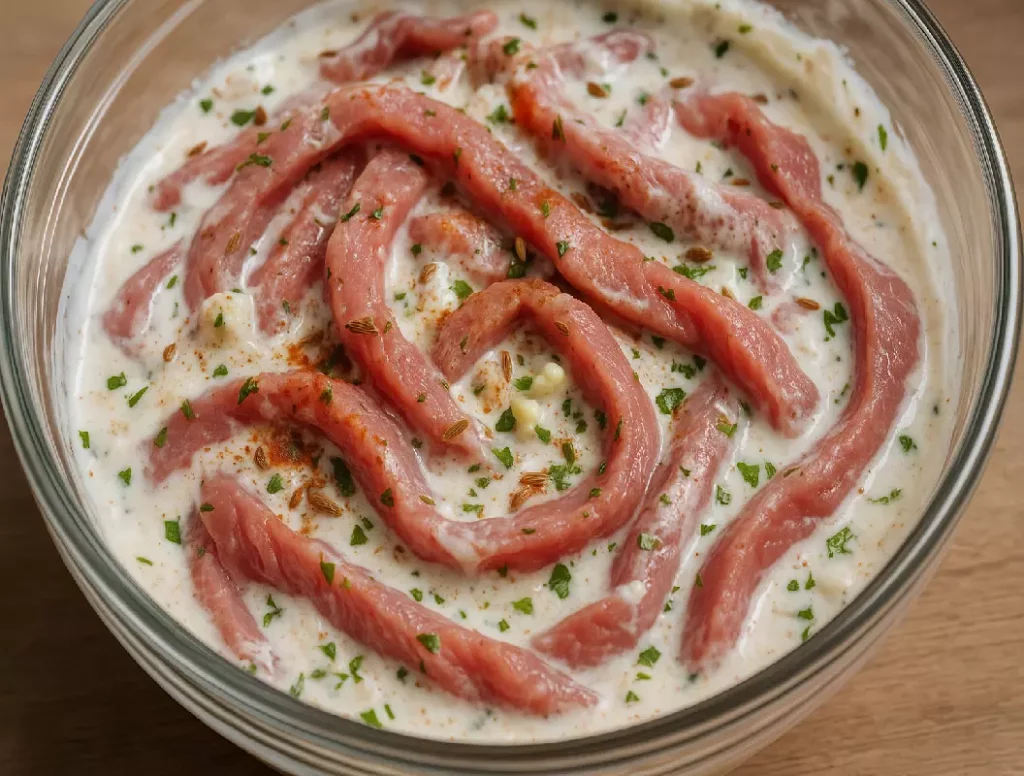 Viande kebab marinée dans yaourt grec avec épices orientales dans un saladier