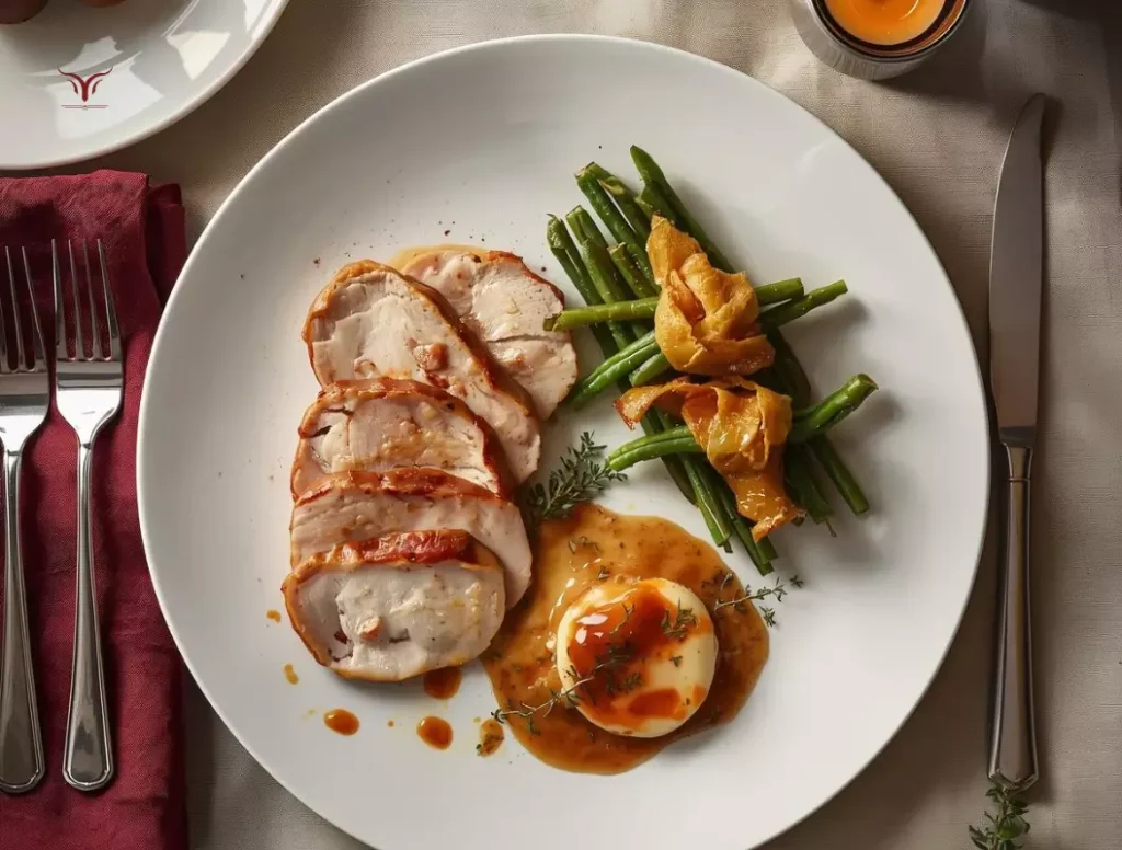 Assiette de dinde de Noël servie avec des accompagnements : marrons poêlés et fagots de haricots verts