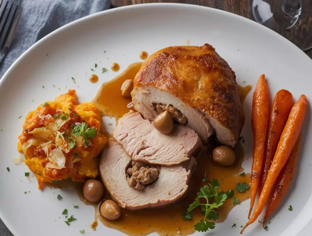 Chapon farci découpé, nappé de sauce aux marrons et servi avec un gratin de courge butternut et carottes glacées.