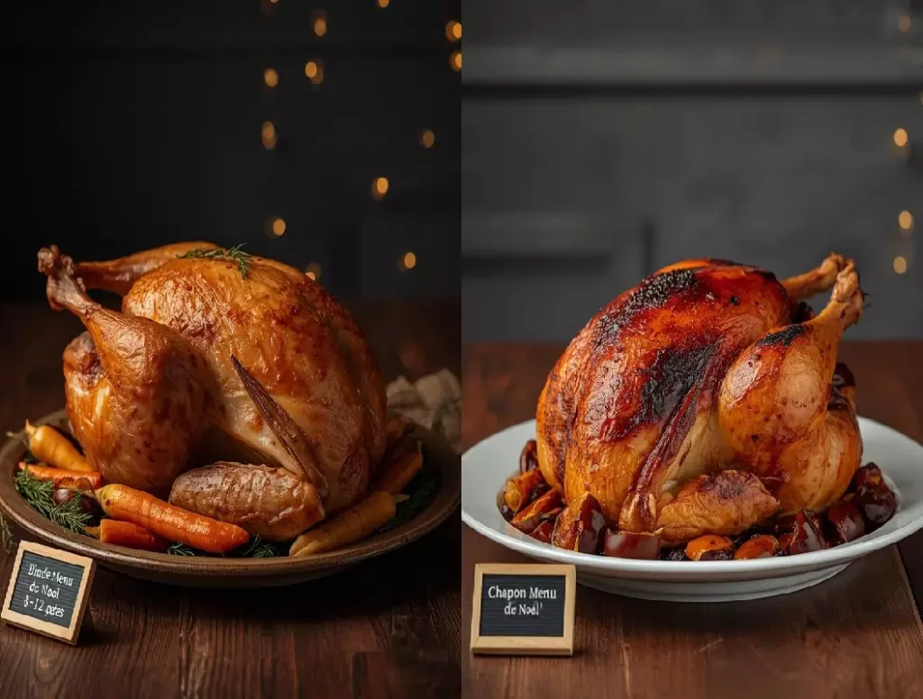 Comparaison visuelle dinde farcie et chapon roti pour choisir volaille menu de noel