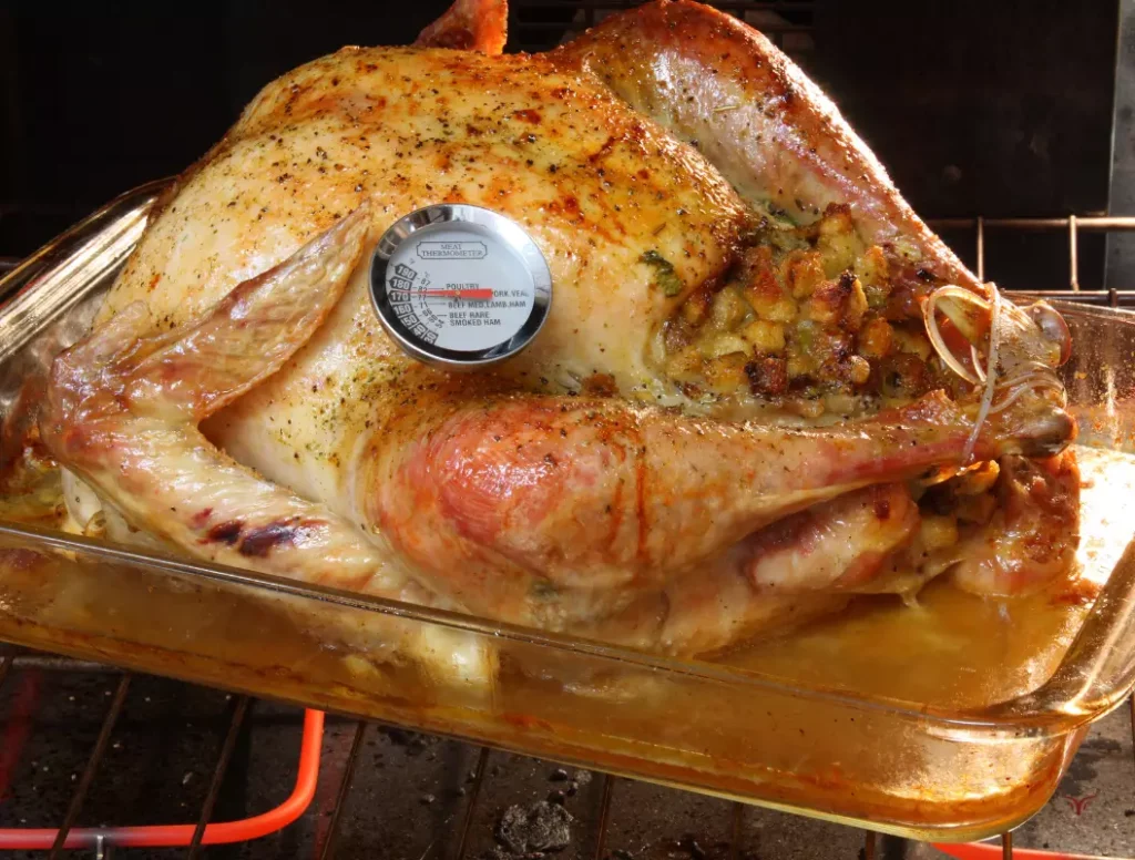 Un thermomètre de cuisson planté dans la cuisse d'une dinde de Noël rôtie indiquant la température parfaite