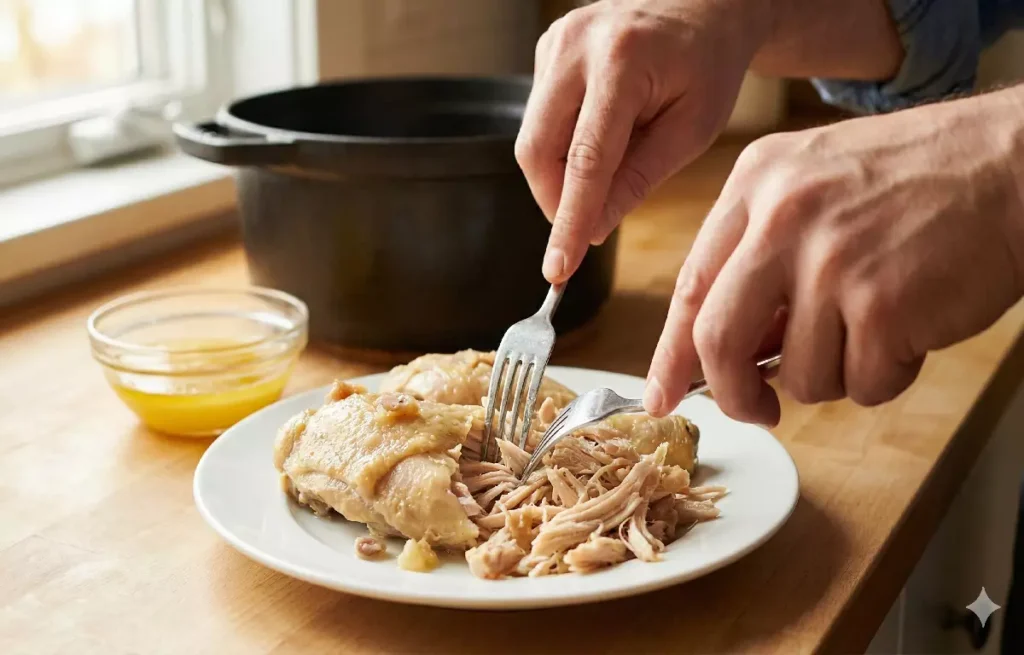 Technique d'effilochage du poulet à la fourchette pour rillettes maison, montrant les fibres de viande détachées à la main