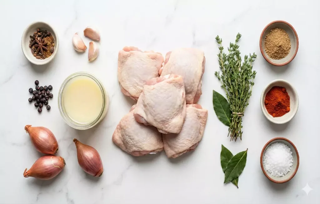 Ingrédients pour rillettes de poulet maison : cuisses de poulet, graisse de canard, thym frais, échalotes, ail et épices disposés sur une surface blanche