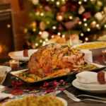 Une grande dinde de Noël farcie, dorée et juteuse sur un plat de service, prête à être découpée