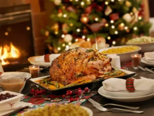 Une grande dinde de Noël farcie, dorée et juteuse sur un plat de service, prête à être découpée