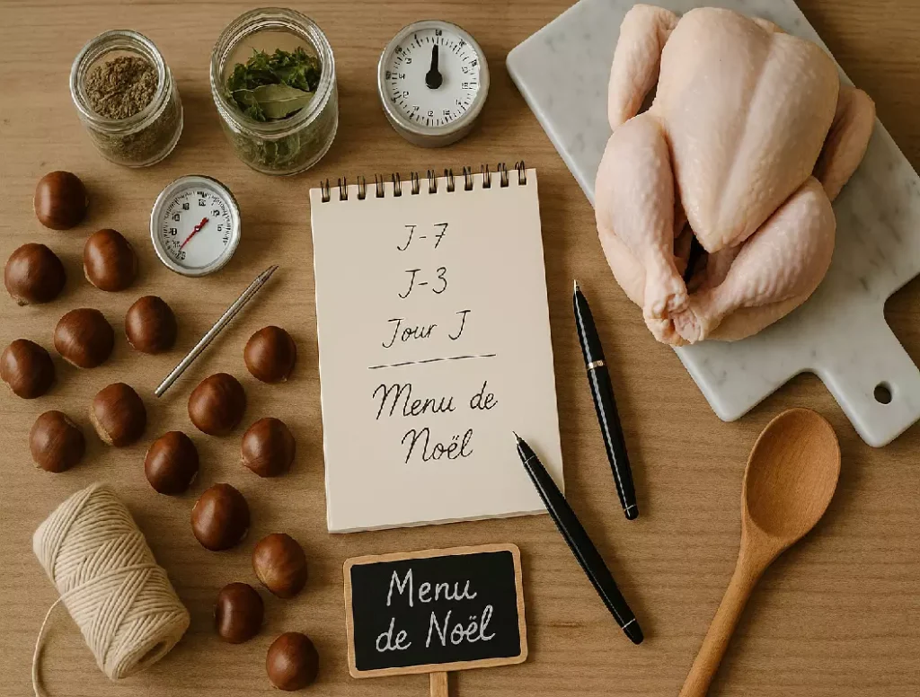 Retroplanning organise menu de noel avec ustensiles de cuisine et ingredients frais