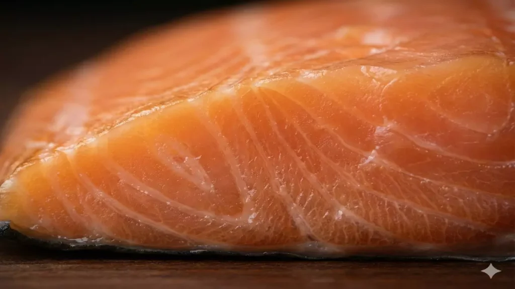 Gros plan sur la texture du saumon fumé à froid révélant fibres, gras et finesse artisanale