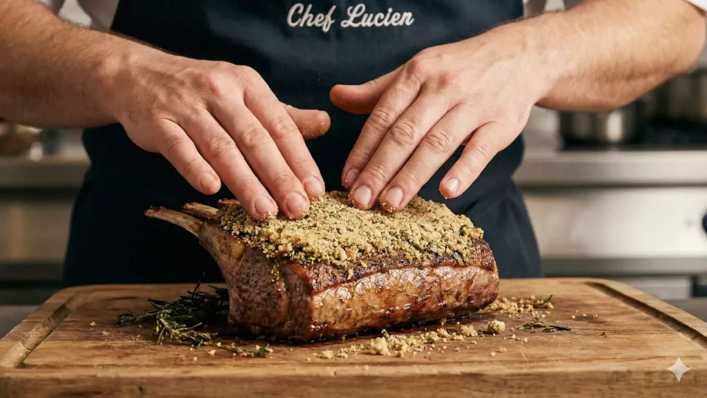 Gros plan des mains d'un chef appliquant une épaisse croûte d'herbes sur un carré d'agneau parfaitement saisi, avant la cuisson au four.