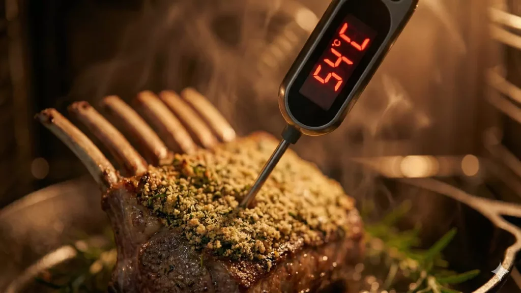 Macro-photographie d'un thermomètre à viande digital indiquant 54°C, planté au cœur d'un carré d'agneau en croûte dans le four, validant la cuisson rosée.
