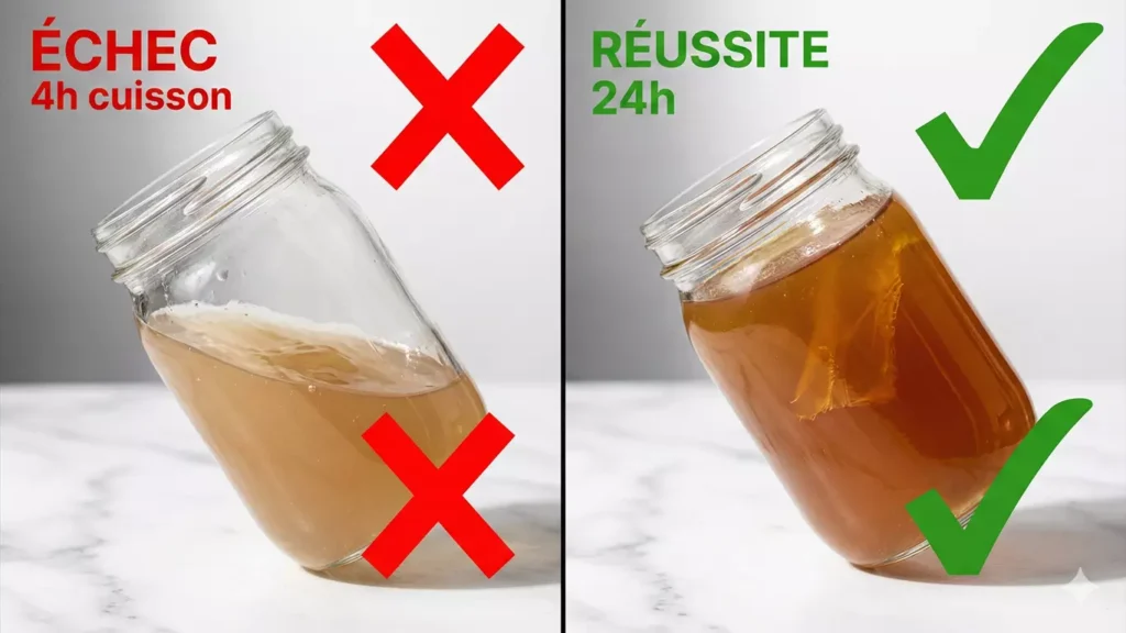 Comparaison bouillon raté liquide versus bouillon réussi gélifié, différence visuelle texture, diagnostic problème cuisson os bœuf