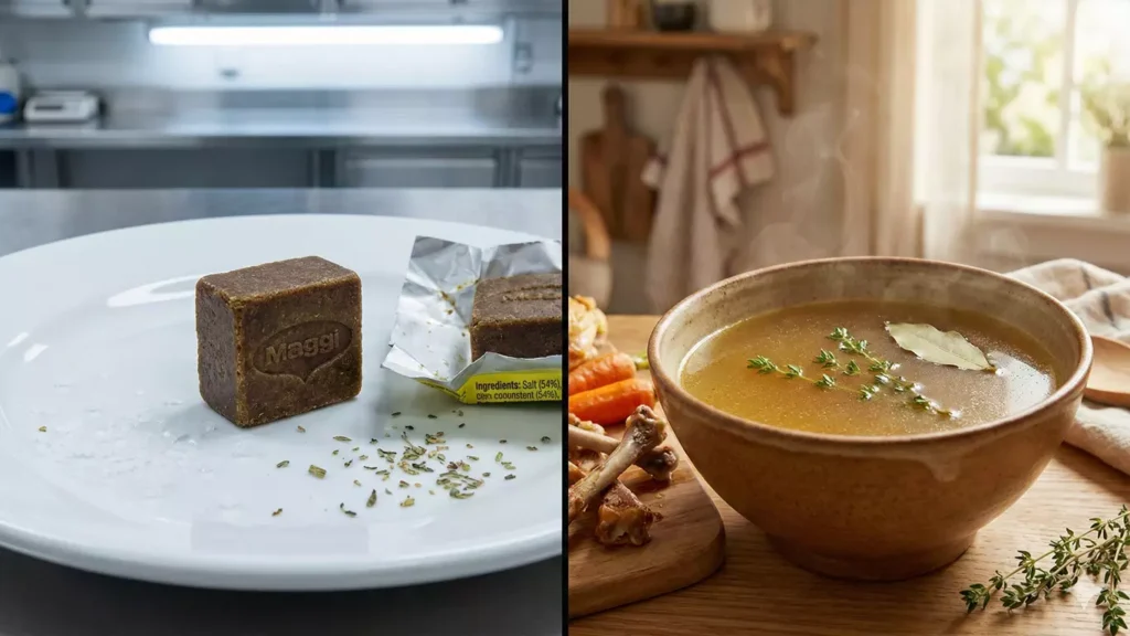 Comparaison visuelle entre cube bouillon industriel Maggi (54% sel) et fond blanc de volaille maison naturel dans bol artisanal