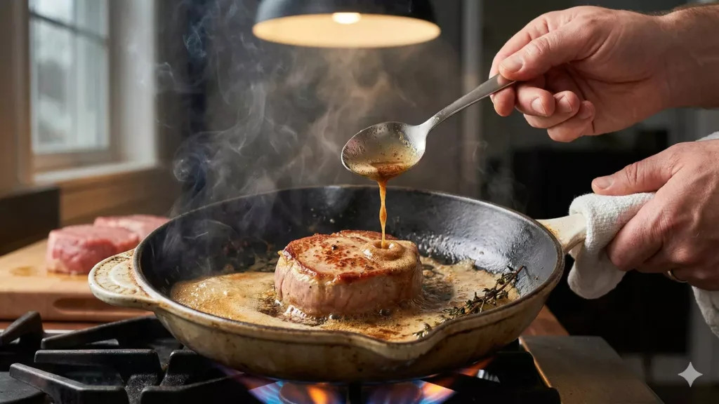 Grenadin de veau en cours de cuisson dans poêle en fonte avec beurre noisette moussant, montrant la croûte dorée parfaite
