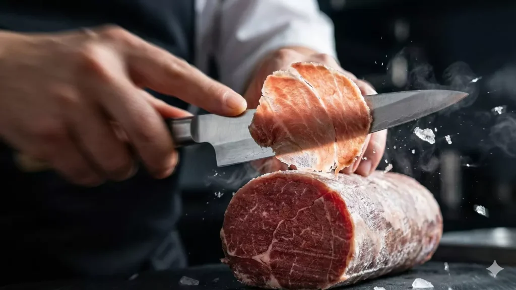 Main d'un chef tenant un couteau long et affûté, en train de trancher un morceau de bœuf semi-congelé. La tranche est si fine qu'elle est presque translucide.