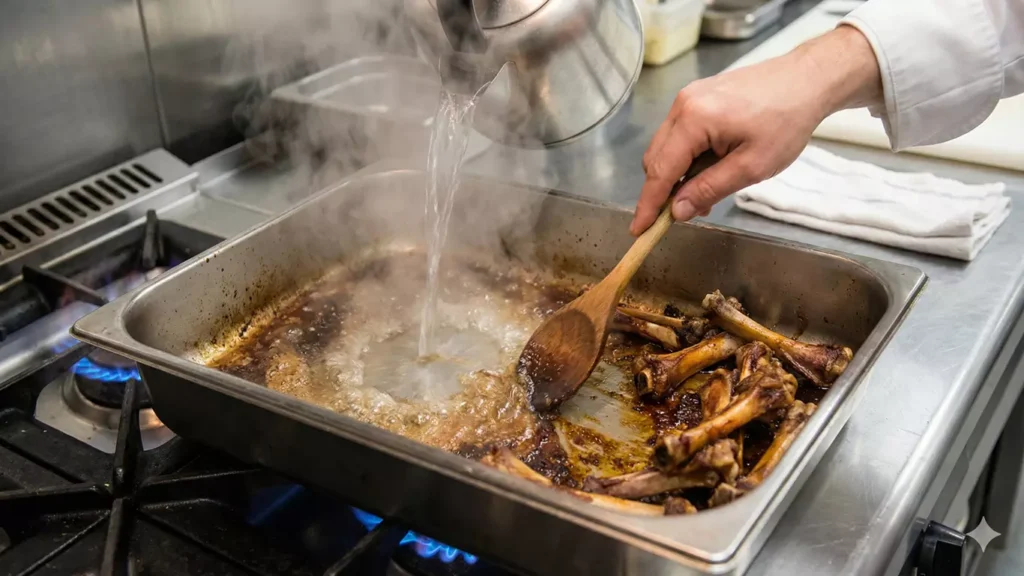 Déglaçage d'une plaque inox avec os de veau rôtis et sucs caramélisés à l'eau bouillante sur feu de cuisinière