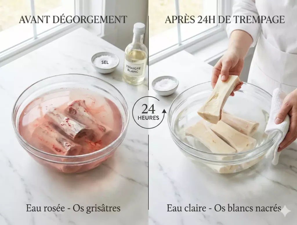 Comparaison avant-après du dégorgement des os à moelle : os gris dans eau rosée vs os blancs nacrés dans eau claire après 24h de trempage