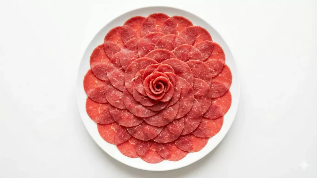 Vue de dessus d'une assiette blanche sur laquelle des tranches fines de carpaccio de bœuf sont méticuleusement disposées en forme de rosace.