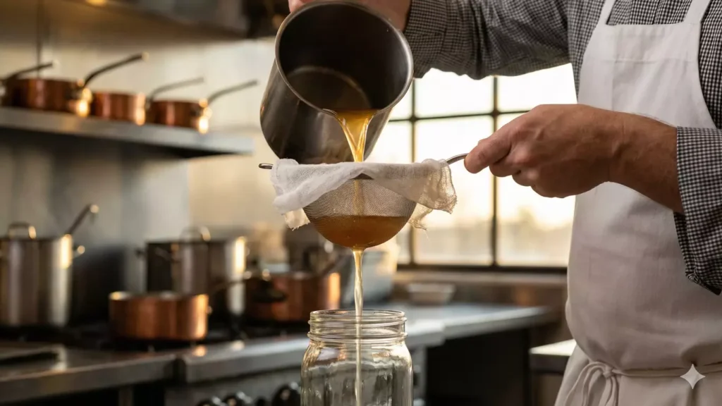 Filtration professionnelle bouillon d'os à travers étamine et chinois, liquide ambré clair cristallin, technique chef restaurant