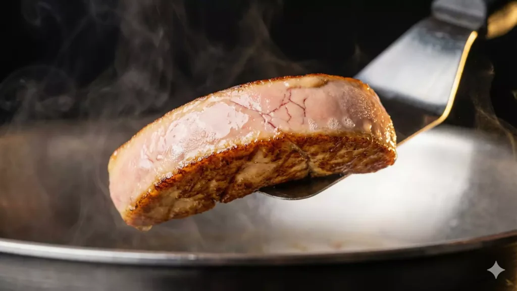 Escalope de foie gras cru en pleine saisie montrant choc thermique avec croûte caramélisée extérieure et cœur rosé fondant intact