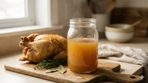 Fond blanc de volaille maison doré et gélatineux dans un bocal en verre, avec carcasse de poulet rôti en arrière-plan sur planche en bois