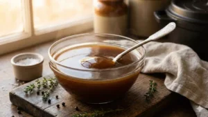Fond de veau brun fait maison dans un bol transparent montrant la texture gélatineuse brillante avec cuillère en argent