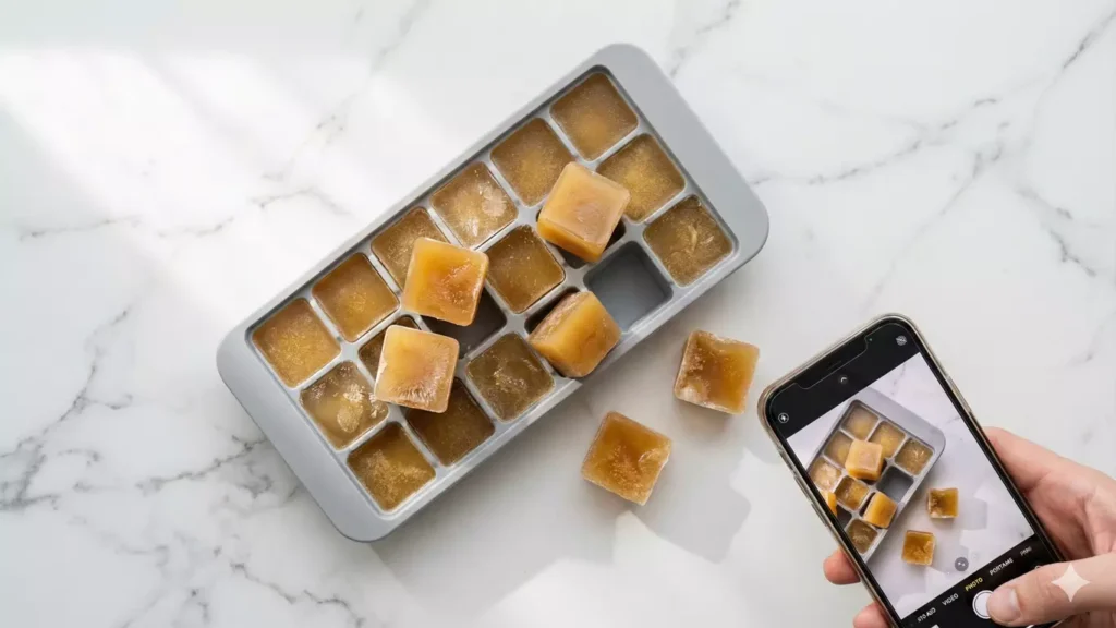 Bac à glaçons rempli de fond blanc de volaille congelé en cubes, astuce conservation congélateur anti-gaspi