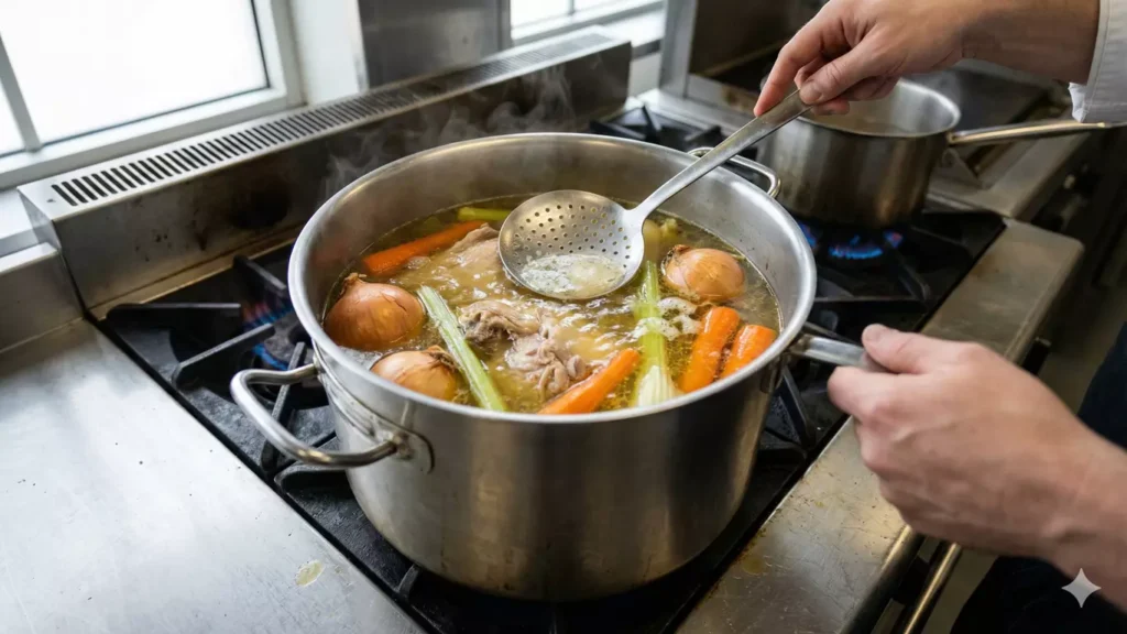 Marmite inox avec carcasse de volaille en train de mijoter à frémissement, écumage du bouillon avec écumoire professionnelle