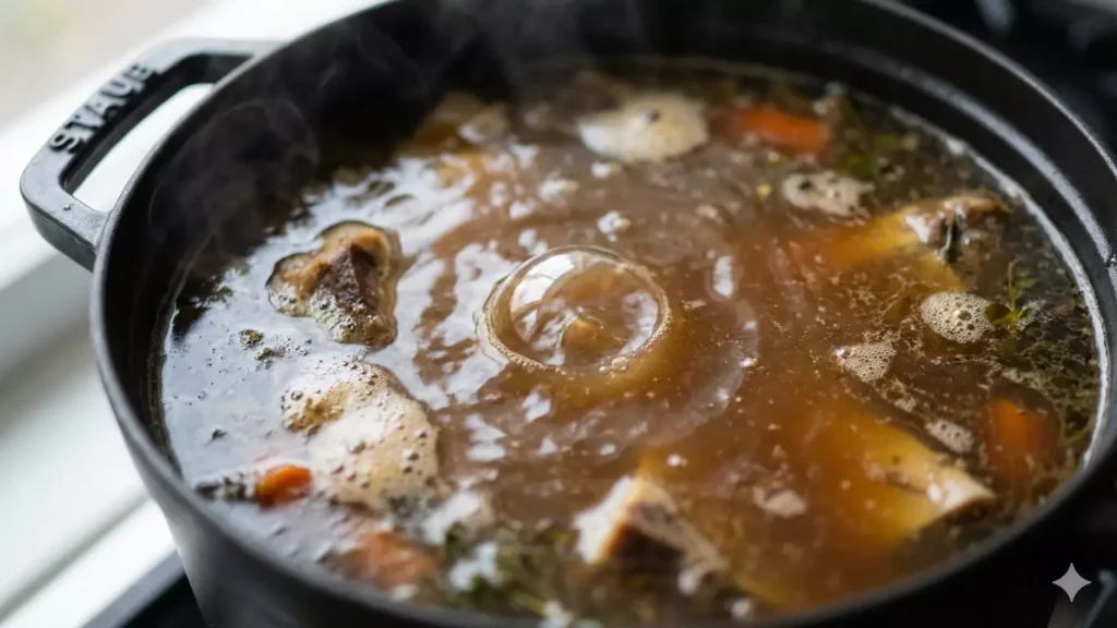 Frémissement parfait bouillon d'os dans cocotte Staub fonte, une bulle remontant à la surface, température 95°C idéale, cuisson basse température 24 heures