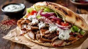 Kebab maison fait avec viande marinée, sauce blanche, pain pita moelleux, salade tomate oignon