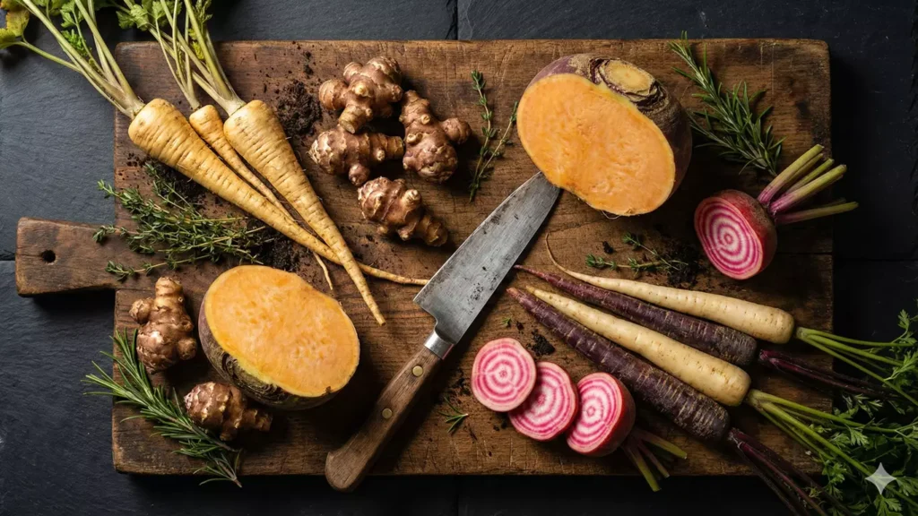 Légumes anciens pour queue de boeuf : panais, topinambour, rutabaga et carotte violette sur planche bois