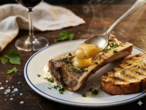 Cuillère extrayant la moelle fondante et dorée d'un os rôti, servie avec pain de campagne grillé et persillade, style bistrot parisien