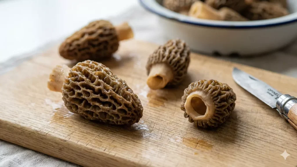 Morilles fraîches entières montrant leur structure alvéolaire caractéristique, disposées sur planche en bois avec gouttes d'eau de nettoyage