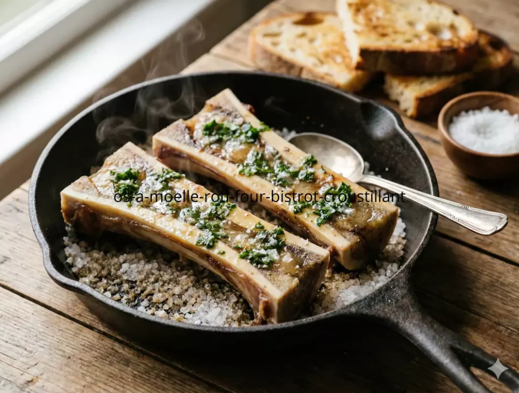 Os à moelle rôtis au four dorés et croustillants sur lit de sel, garnis de persillade fraîche et fleur de sel Maldon, servis avec pain de campagne grillé