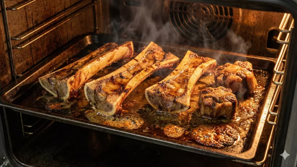 Os de bœuf rôtis au four à 220°C, surface caramélisée dorée, réaction de Maillard visible, plaque de cuisson avec sucs concentrés, technique chef