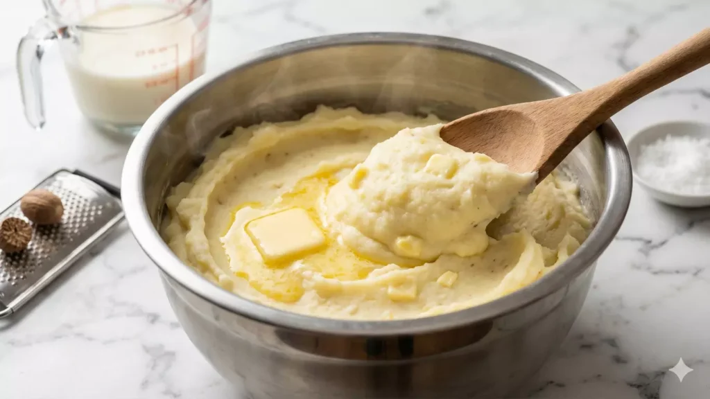 Purée de pommes de terre onctueuse avec beurre et lait, texture parfaite pour hachis parmentier, variété Agria