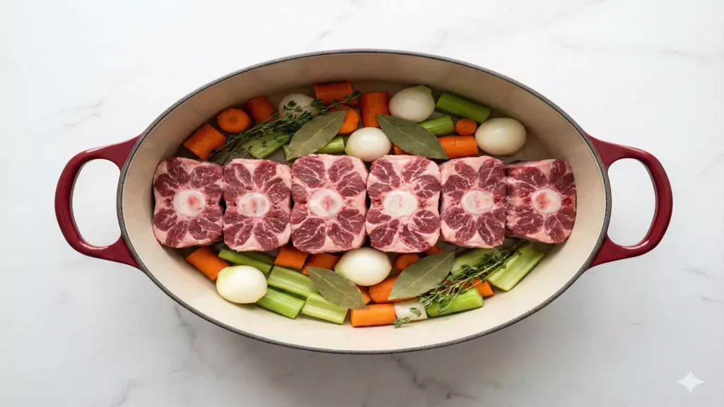 Tronçons de queue de boeuf alignés en une seule couche dans cocotte ovale avant cuisson