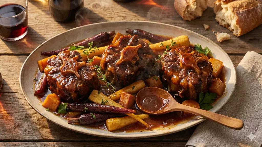 Queue de boeuf mijotée fondante avec sauce veloutée brillante et légumes anciens dans assiette rustique