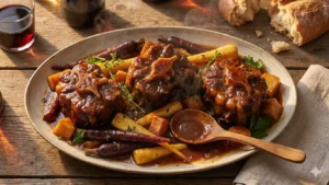 Queue de boeuf mijotée fondante avec sauce veloutée brillante et légumes anciens dans assiette rustique