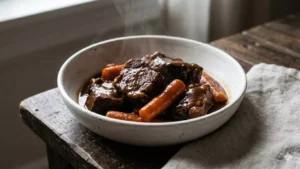 Plat de boeuf carottes de grand-mère servi dans une assiette creuse, avec des morceaux de viande de boeuf fondante, des carottes glacées et une sauce nappante et brillante.