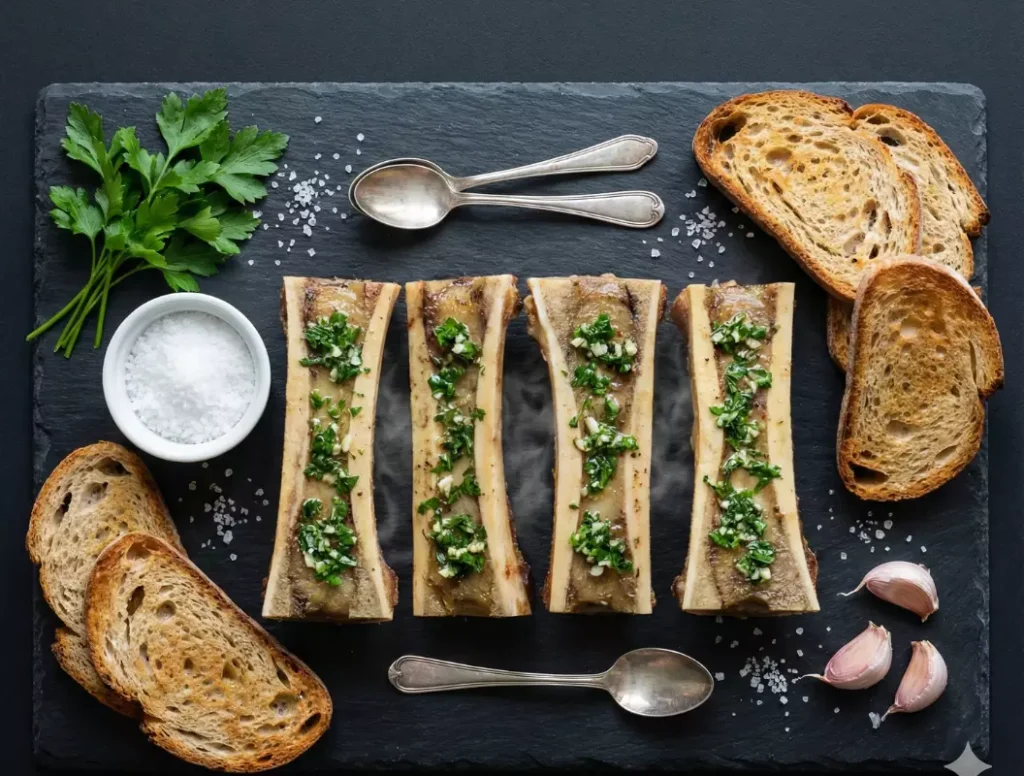 Recette complète os à moelle rôti au four avec ingrédients : os blancs, pain levain, persillade, fleur de sel et cuillères à moelle sur planche ardoise