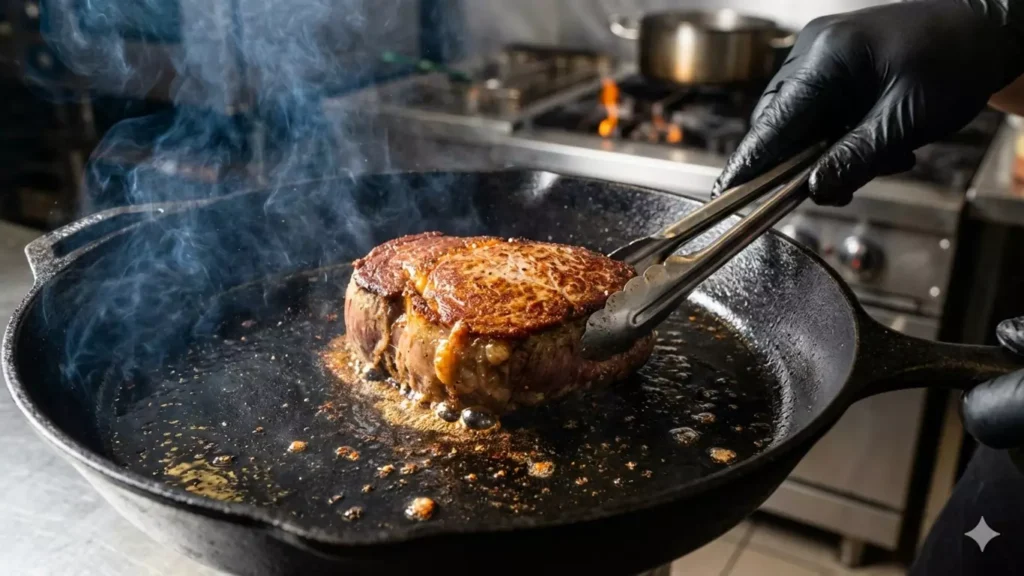 Saisie de tournedos de bœuf dans poêle en fonte chaude créant réaction de Maillard avec croûte dorée parfaite à 220°C