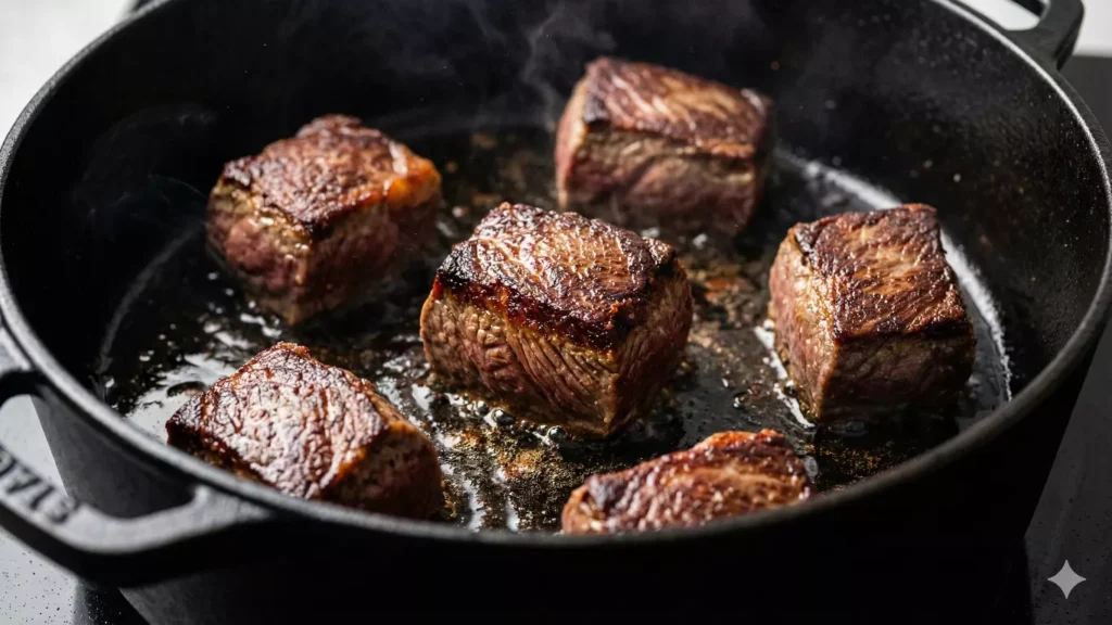 Gros plan sur des cubes de joue de boeuf en train de saisir dans une cocotte en fonte chaude, montrant une croûte parfaitement dorée et caramélisée, un gage de saveur.