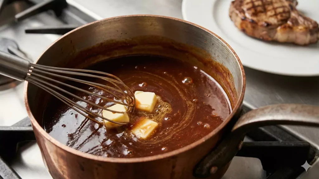 Sauce au fond de veau brun réduite et montée au beurre dans une casserole en cuivre, texture brillante et nappante