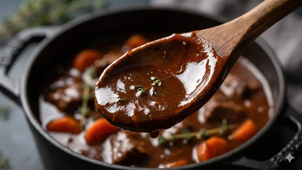 Une cuillère en bois trempée dans la sauce du boeuf carottes, montrant une texture nappante, onctueuse et une brillance intense, typique d'une sauce de grand restaurant.